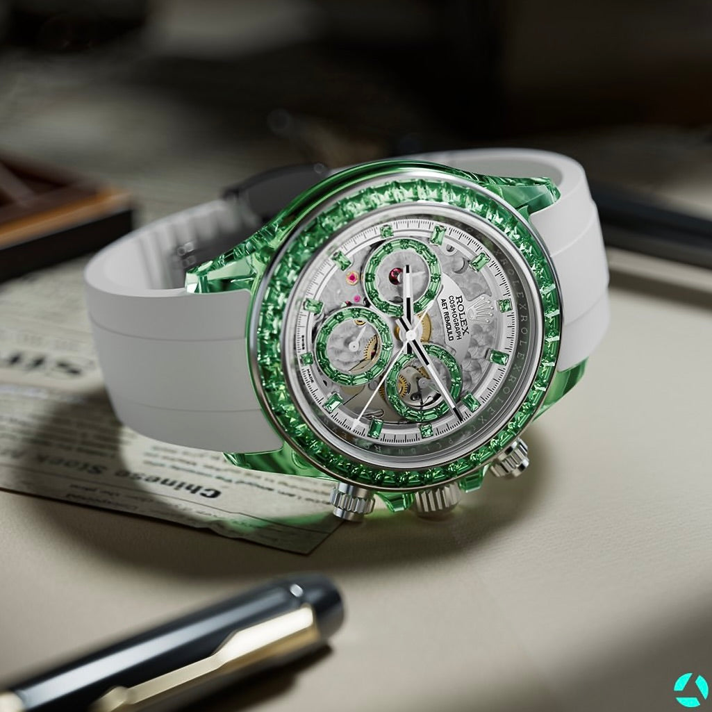 AET REMOULD Rolex Daytona GENESIS COLLECTION Gemstones Sapphire Watches 勞力士 地通拿 方鑽透明手錶 | WORLDTIMER
