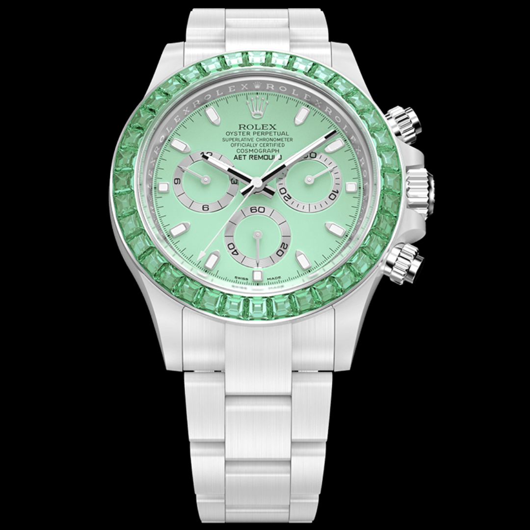 AET Remould Rolex Daytona GREEN GEMSTONE CERAMIC 勞力士地通拿  鑽石錶圈 | WORLDTIMER