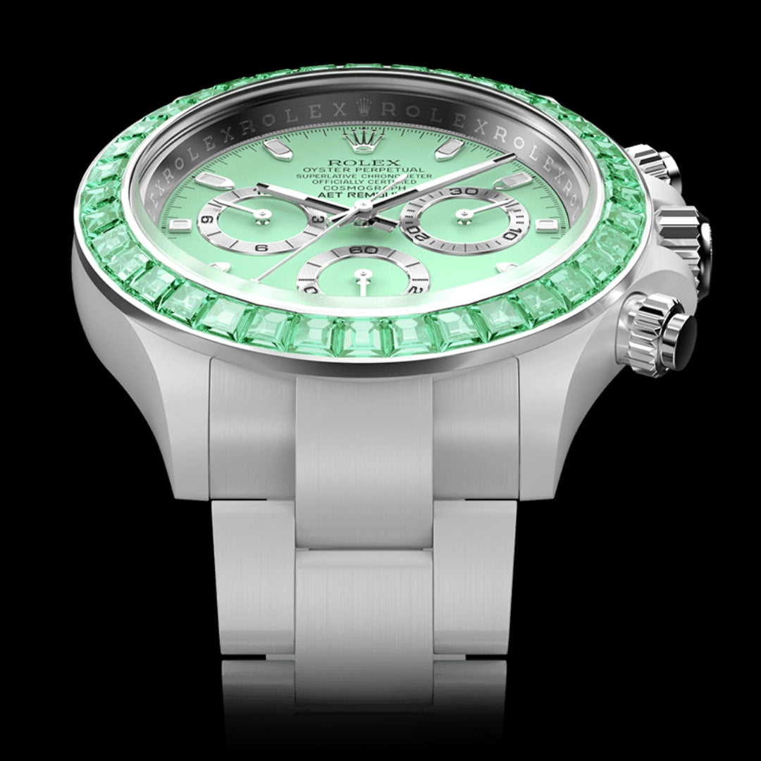 AET Remould Rolex Daytona GREEN GEMSTONE CERAMIC 勞力士地通拿  鑽石錶圈 | WORLDTIMER