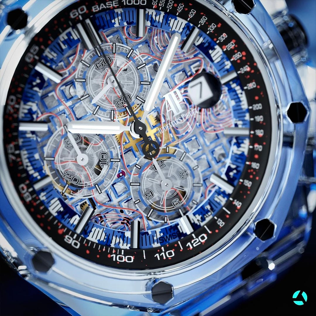 AET REMOULD 愛彼皇家橡樹離岸型 AZURE BLUE 藍寶石水晶透明手錶 | WORLDTIMER